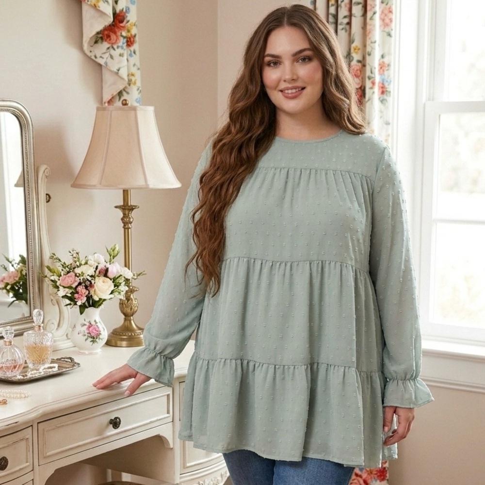 Sage Green Tiered Swiss Dot Blouse 🌿
